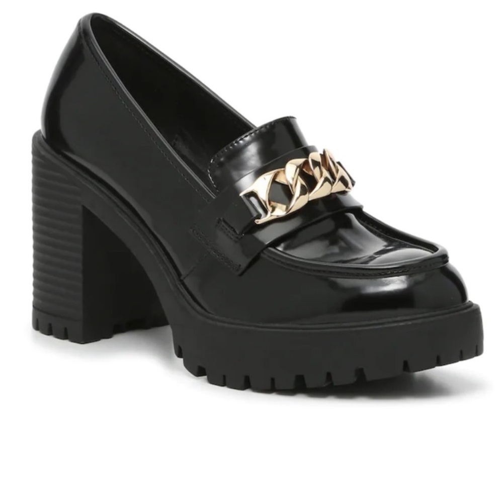 Steve Madden Nakos Pump Black Patent Leather Platform Loafer Chain Detail 7.5